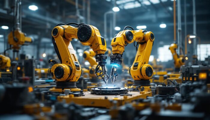 A photograph of a dynamic scene showcasing atlas robots in action within an industrial setting