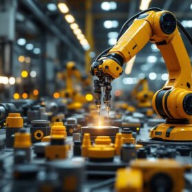A photograph of a sleek and modern industrial robotic arm in action