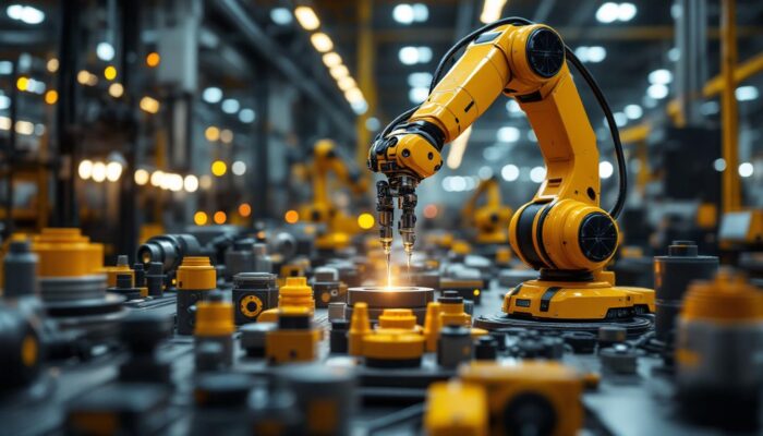 A photograph of a sleek and modern industrial robotic arm in action