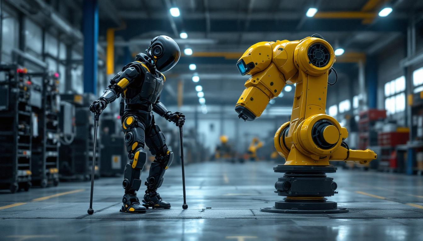 A photograph of a dynamic scene featuring a four-legged cane in use alongside an industrial robot in an industrial setting