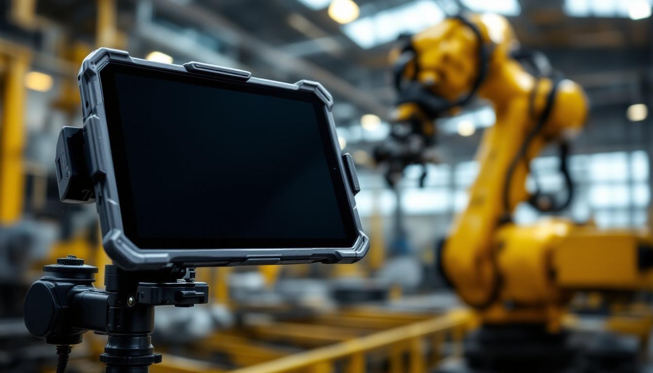 A photograph of a rugged tablet vehicle mount securely holding a tablet inside a heavy-duty industrial setting
