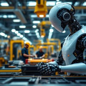 A photograph of a sleek industrial robot in action