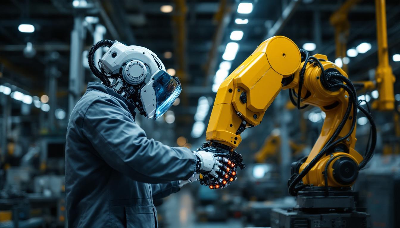 A photograph of a skilled technician working alongside advanced industrial robots in a dynamic manufacturing environment