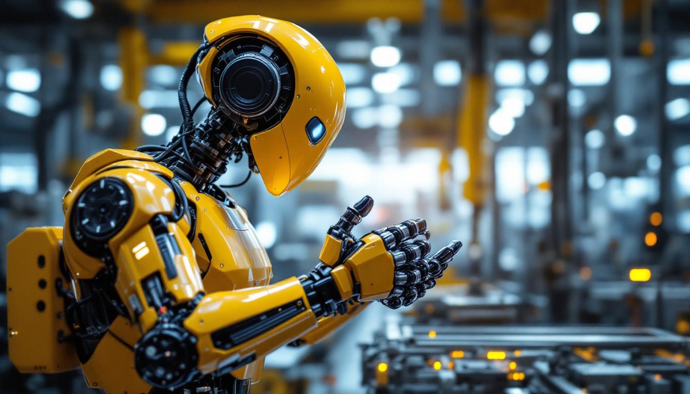 A photograph of a sleek industrial robot in action within a modern manufacturing environment