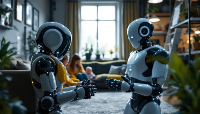 A photograph of capture a photograph of a modern home robot in a cozy living room setting