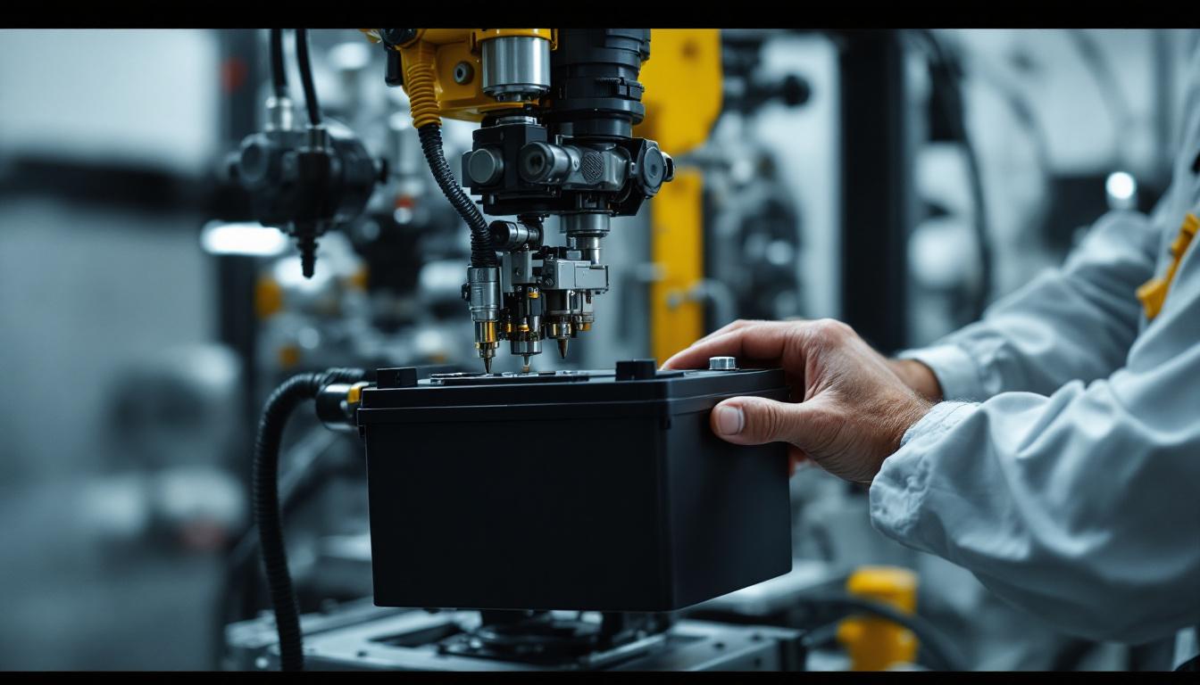 A photograph of a skilled technician installing a die hard battery into an industrial robotic system