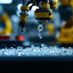 A photograph of a close-up of saliva droplets on a laboratory slide alongside an industrial robotic arm in the background
