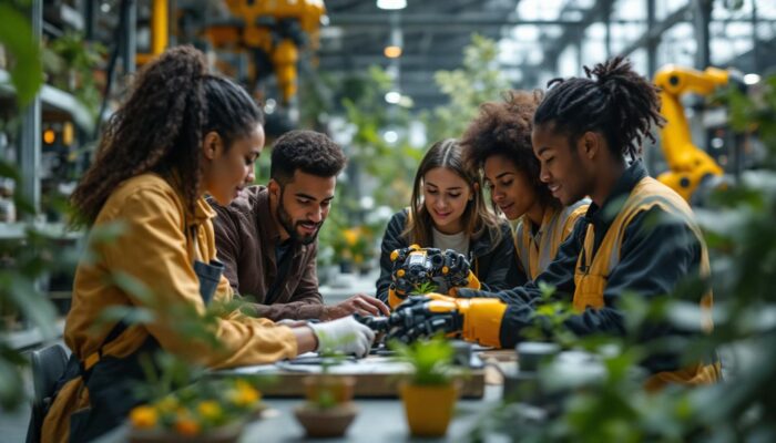 A photograph of a diverse group of young professionals engaged in various environmental and robotics-related activities
