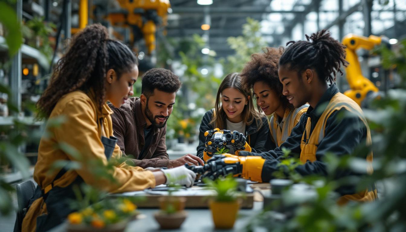 A photograph of a diverse group of young professionals engaged in various environmental and robotics-related activities
