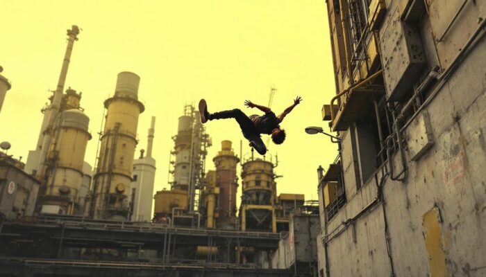 A photograph of a dynamic urban scene featuring a skilled parkour athlete performing a backflip against a backdrop of industrial architecture