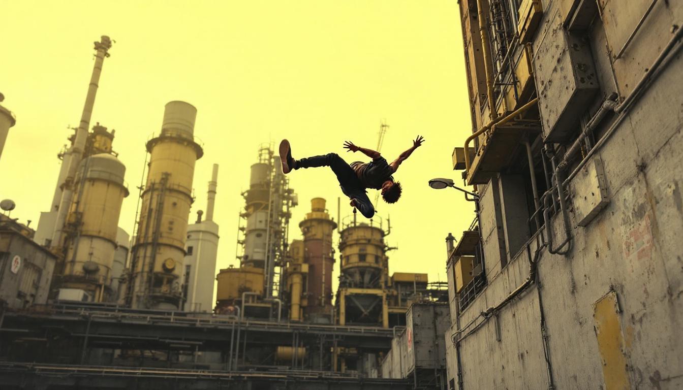 A photograph of a dynamic urban scene featuring a skilled parkour athlete performing a backflip against a backdrop of industrial architecture