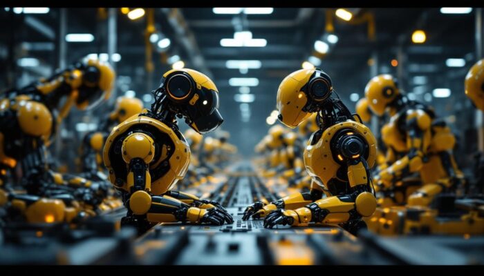 A photograph of a dynamic scene featuring a futuristic dog robot alongside various industrial robots working in harmony on an assembly line