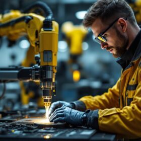 A photograph of a skilled laser technician operating advanced equipment in a modern industrial setting