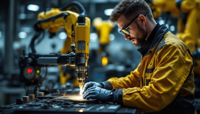 A photograph of a skilled laser technician operating advanced equipment in a modern industrial setting