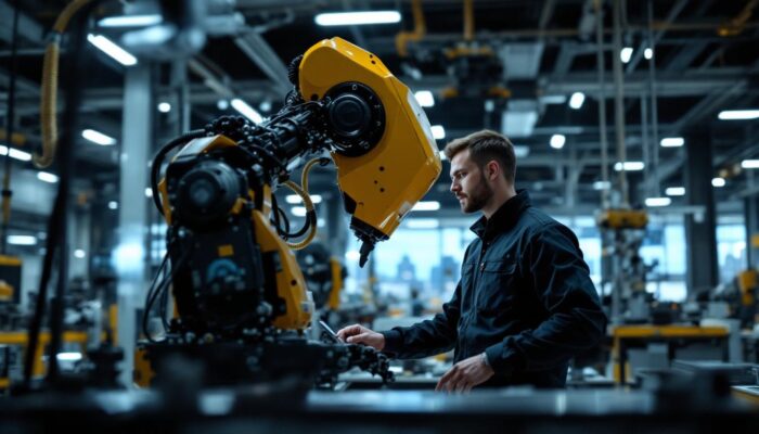 A photograph of a dynamic scene showcasing a skilled technician programming or operating an industrial robot in a modern manufacturing facility