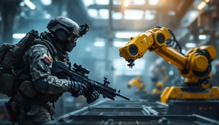 A photograph of a dynamic scene showcasing the contrast between a soldier in action on a battlefield and a robotic arm performing precise movements in an industrial setting