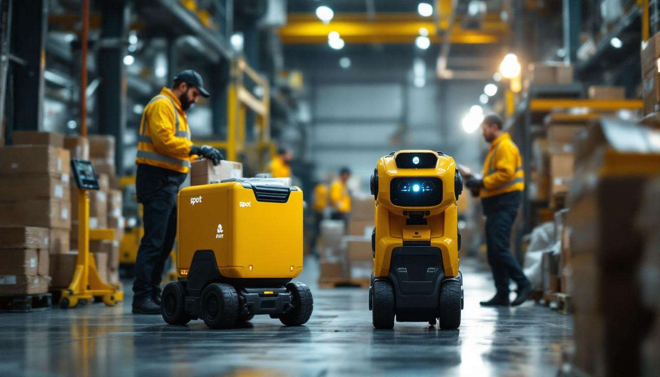 A photograph of a dynamic scene featuring a spot delivery robot in action within an industrial setting