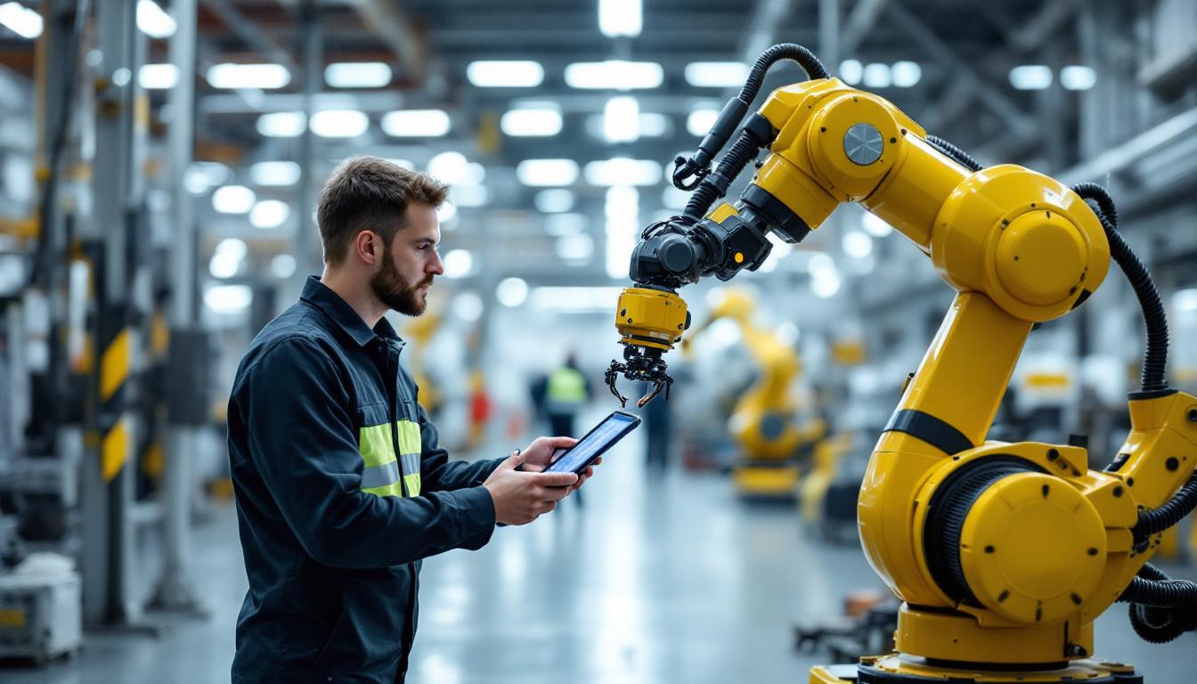 A photograph of a technician using a robotic arm to conduct a remote vehicle inspection in a modern industrial setting