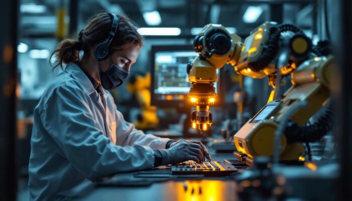 A photograph of a biomedical engineer working with industrial robotic equipment in a lab setting