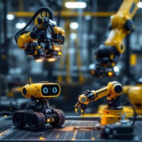 A photograph of a mini spike robot in action alongside an industrial robotic arm in a dynamic workspace