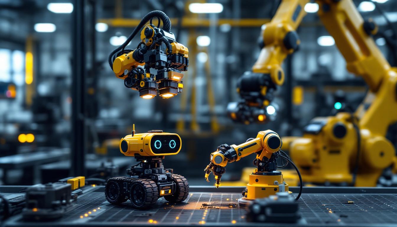 A photograph of a mini spike robot in action alongside an industrial robotic arm in a dynamic workspace