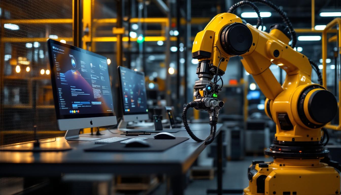 A photograph of a modern industrial workspace featuring a sleek computer leasing setup alongside advanced robotic machinery in action