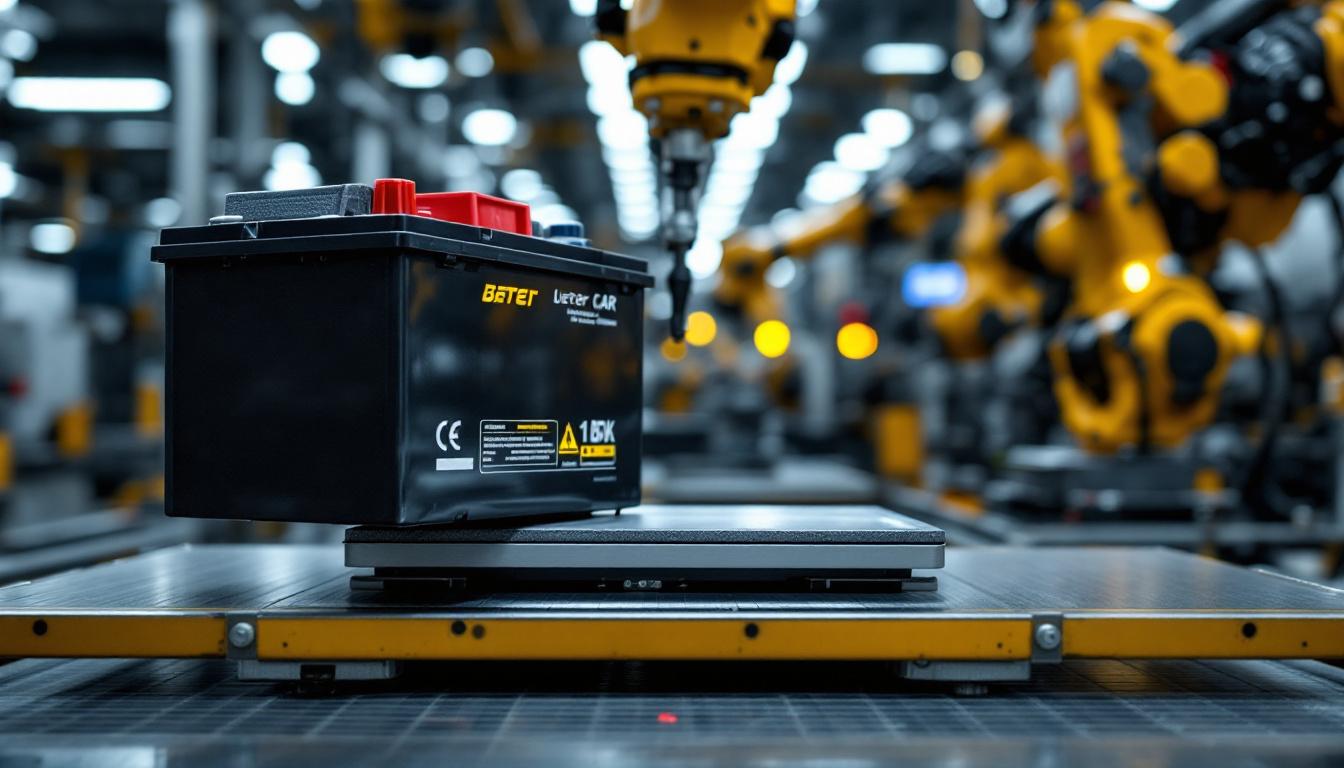 A photograph of a close-up of a car battery being weighed on a scale