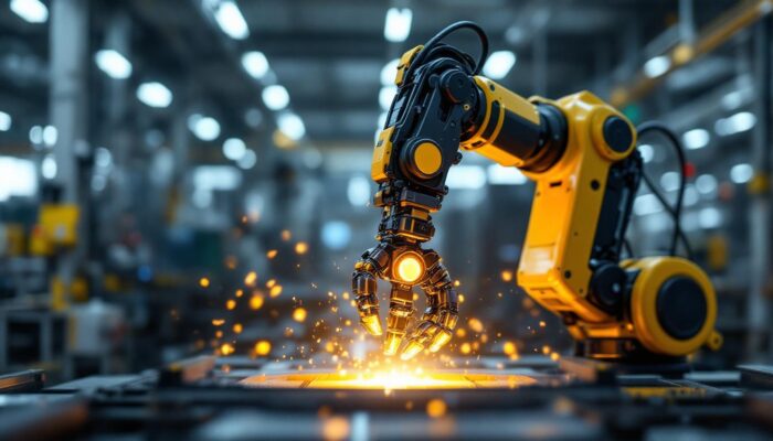A photograph of a dynamic industrial robot in action