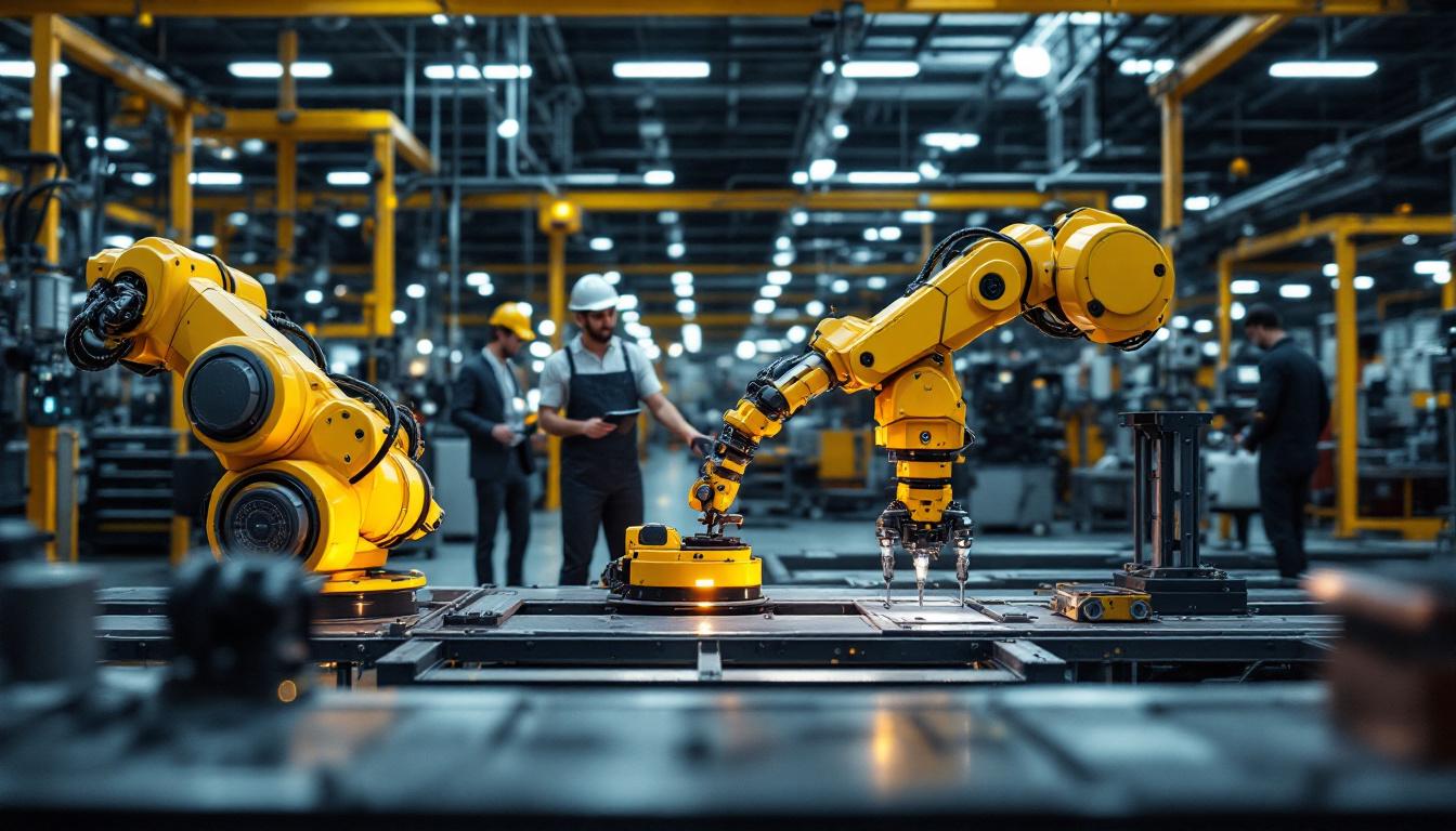 A photograph of a dynamic industrial setting featuring a collaborative robotic arm in action