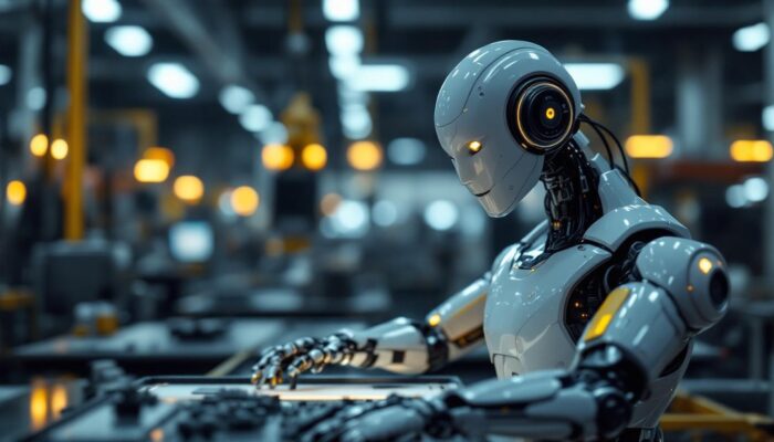 A photograph of a sleek industrial robot in action
