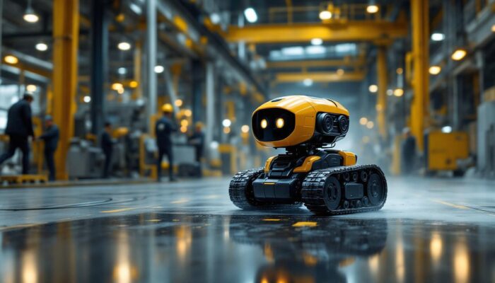 A photograph of a dynamic industrial setting featuring a rover-style robotic device in action