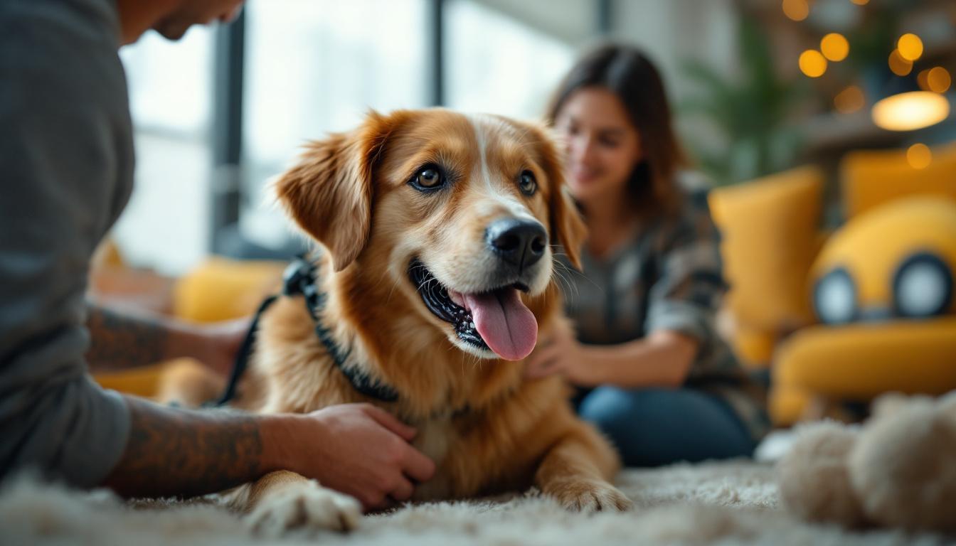 A photograph of a friendly dog being cared for by a professional dog sitter in a cozy