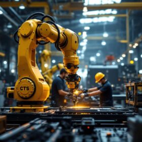 A photograph of a dynamic industrial setting showcasing a cts electric robotic arm in action