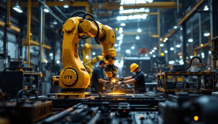 A photograph of a dynamic industrial setting showcasing a cts electric robotic arm in action