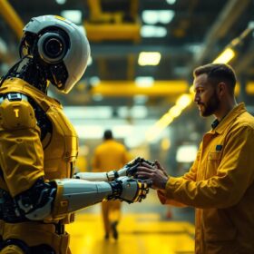 A photograph of a futuristic industrial setting where a humanoid robot interacts seamlessly with human workers