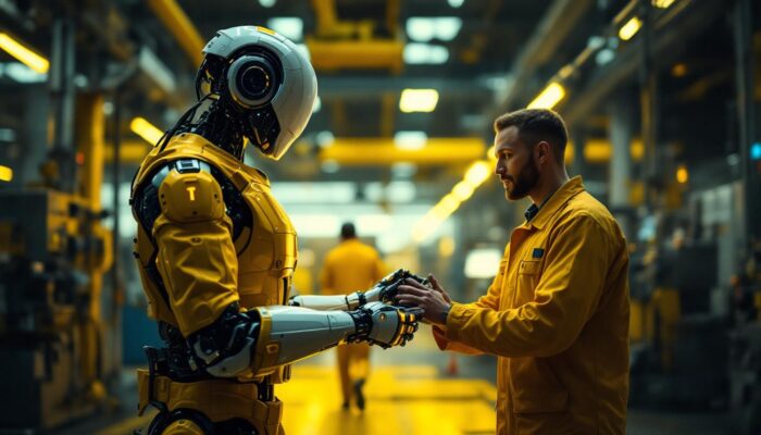 A photograph of a futuristic industrial setting where a humanoid robot interacts seamlessly with human workers