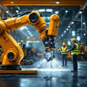 A photograph of capture a photograph of a dynamic industrial setting featuring an atlas robot in action