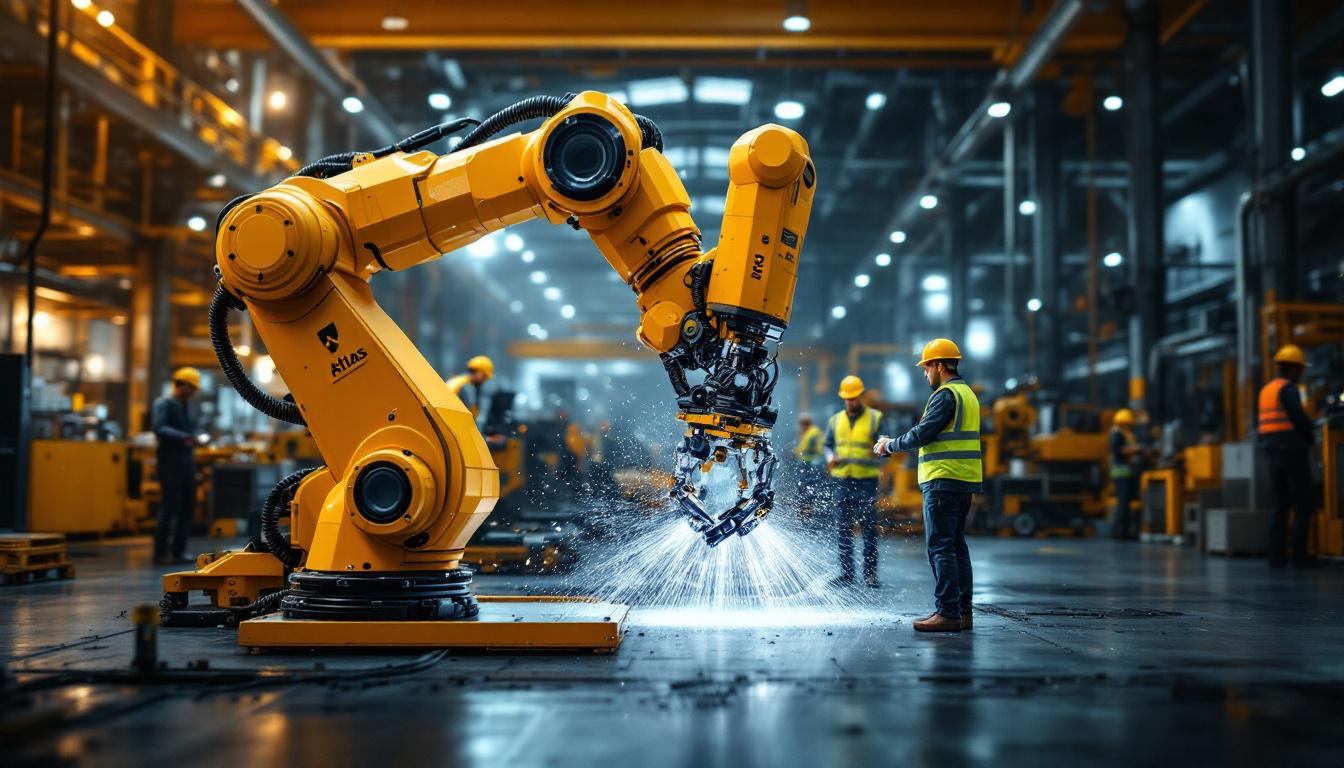 A photograph of capture a photograph of a dynamic industrial setting featuring an atlas robot in action
