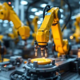 A photograph of a boston scientific facility showcasing advanced industrial robotics in action