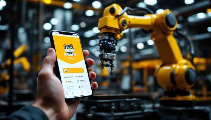 A photograph of a dynamic scene showcasing a fido mobile app interface displayed on a smartphone