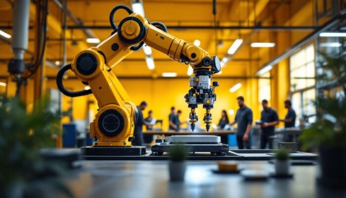 A photograph of a dynamic industrial robotics workspace featuring a robotic arm in action