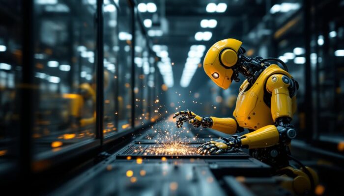 A photograph of a dynamic scene featuring an industrial robot in action
