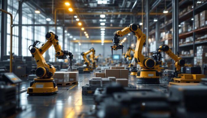 A photograph of a modern industrial warehouse showcasing various robotic tools in action
