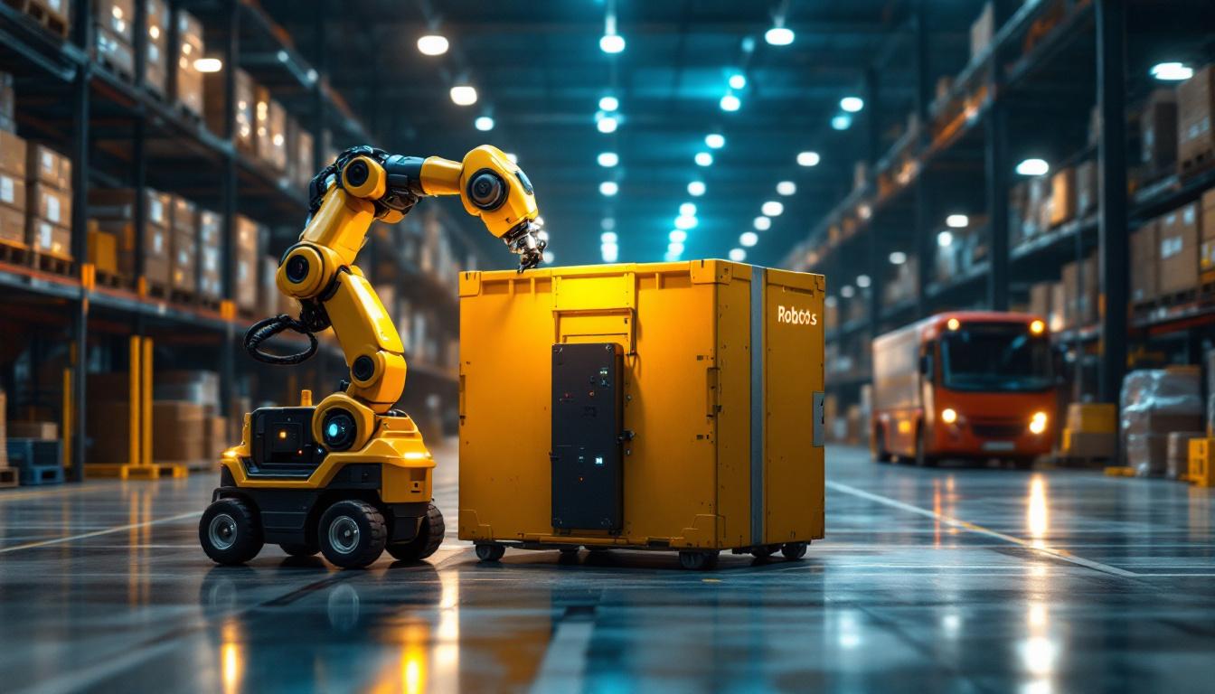 A photograph of a dynamic warehouse environment showcasing industrial robots in action