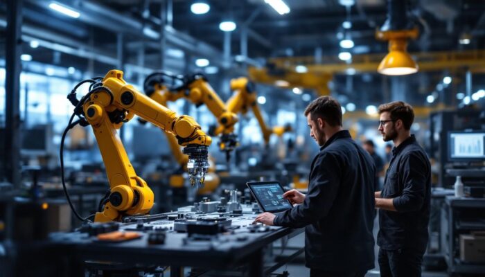 A photograph of a dynamic industrial robotics workspace