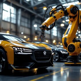 A photograph of a dynamic industrial setting featuring a sleek robotic arm in action