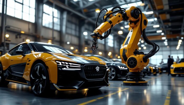 A photograph of a dynamic industrial setting featuring a sleek robotic arm in action