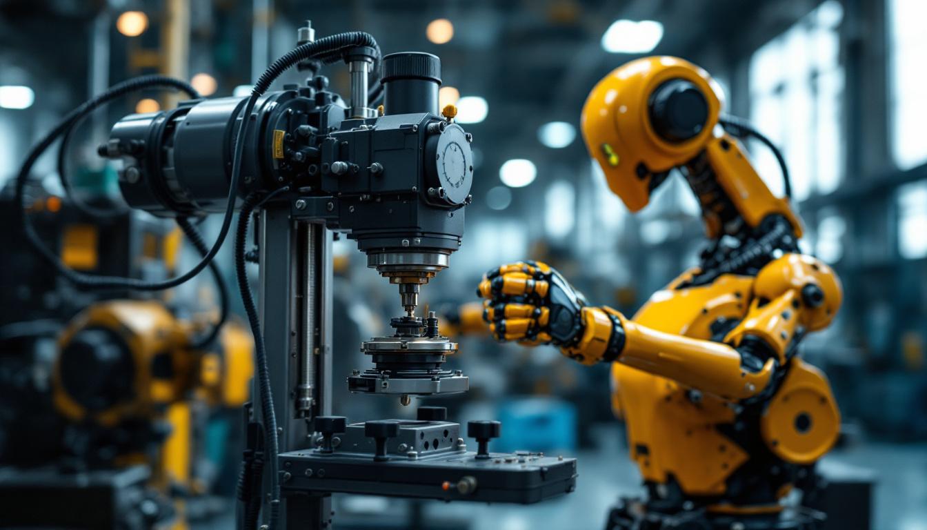 A photograph of a mechanical weighing machine in action alongside an industrial robot