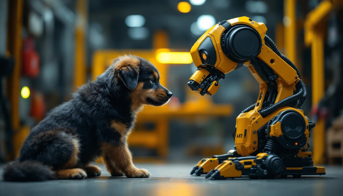 A photograph of a well-trained dog engaging in a spot training exercise alongside an industrial robot in a visually dynamic setting