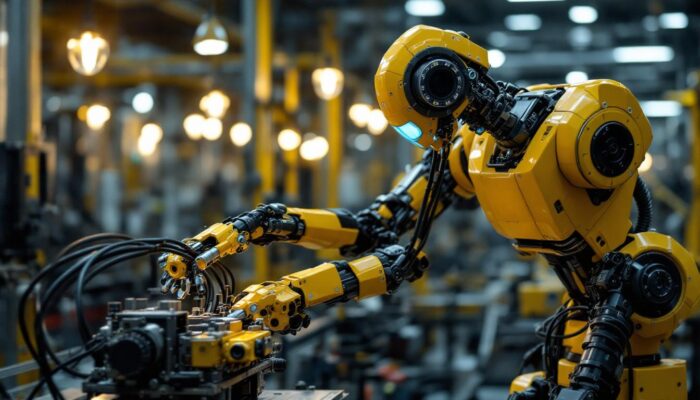 A photograph of a dynamic industrial robot in action